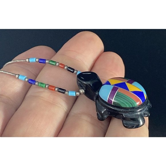 Zuni Necklace Hand Carved Onyx Multi Stone Inlaid Turtle Pendant Necklace - Picture 4 of 9